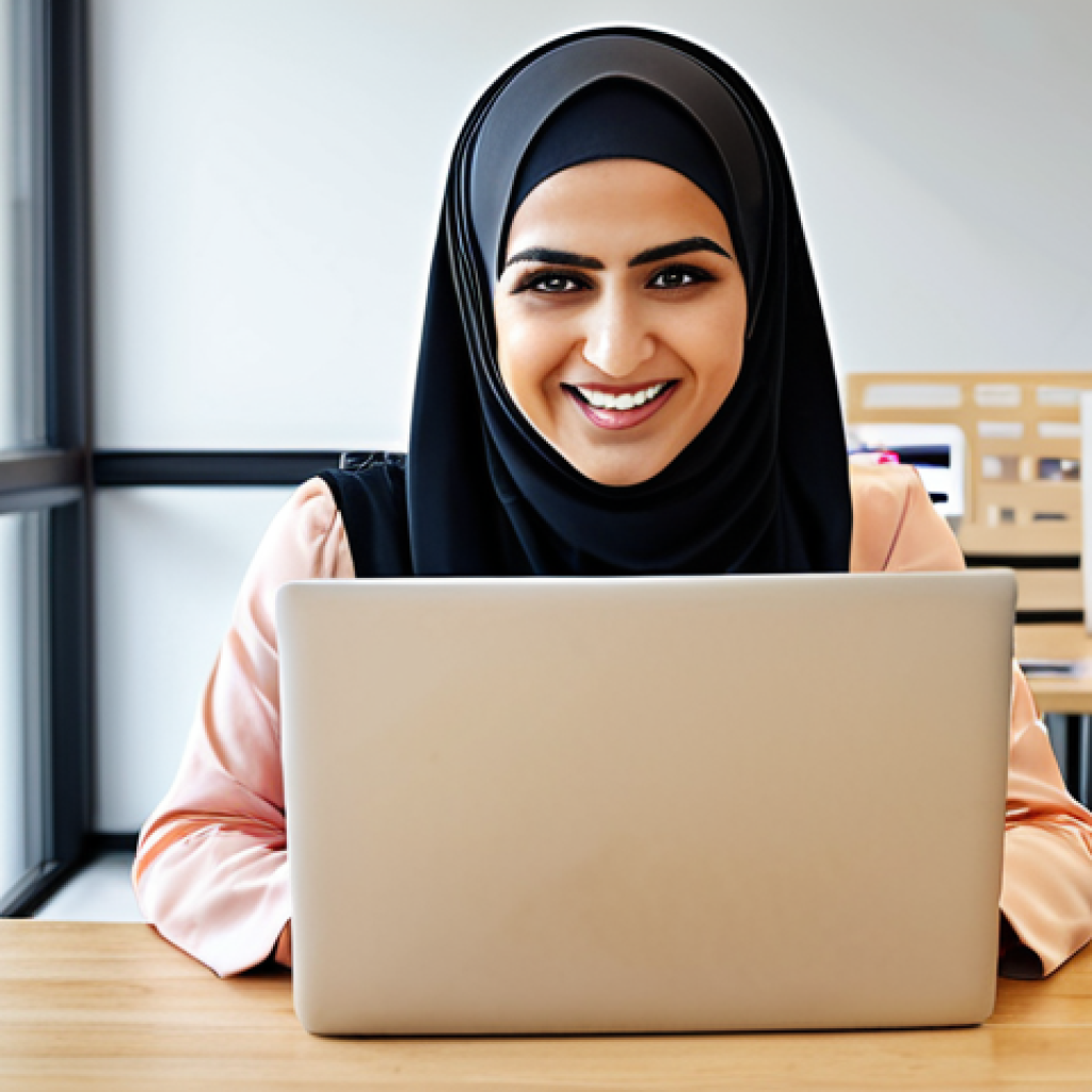 Digital Entrepreneur**

*   **Prompt:** A modern Arab woman enthusiastically working on a laptop surrounded by digital icons representing e-commerce, affiliate marketing, and online courses.  She is smiling and dressed professionally, with a bright, airy, and modern office space in the background.  The overall feel is empowering and optimistic, showcasing the opportunities in the digital market.

**