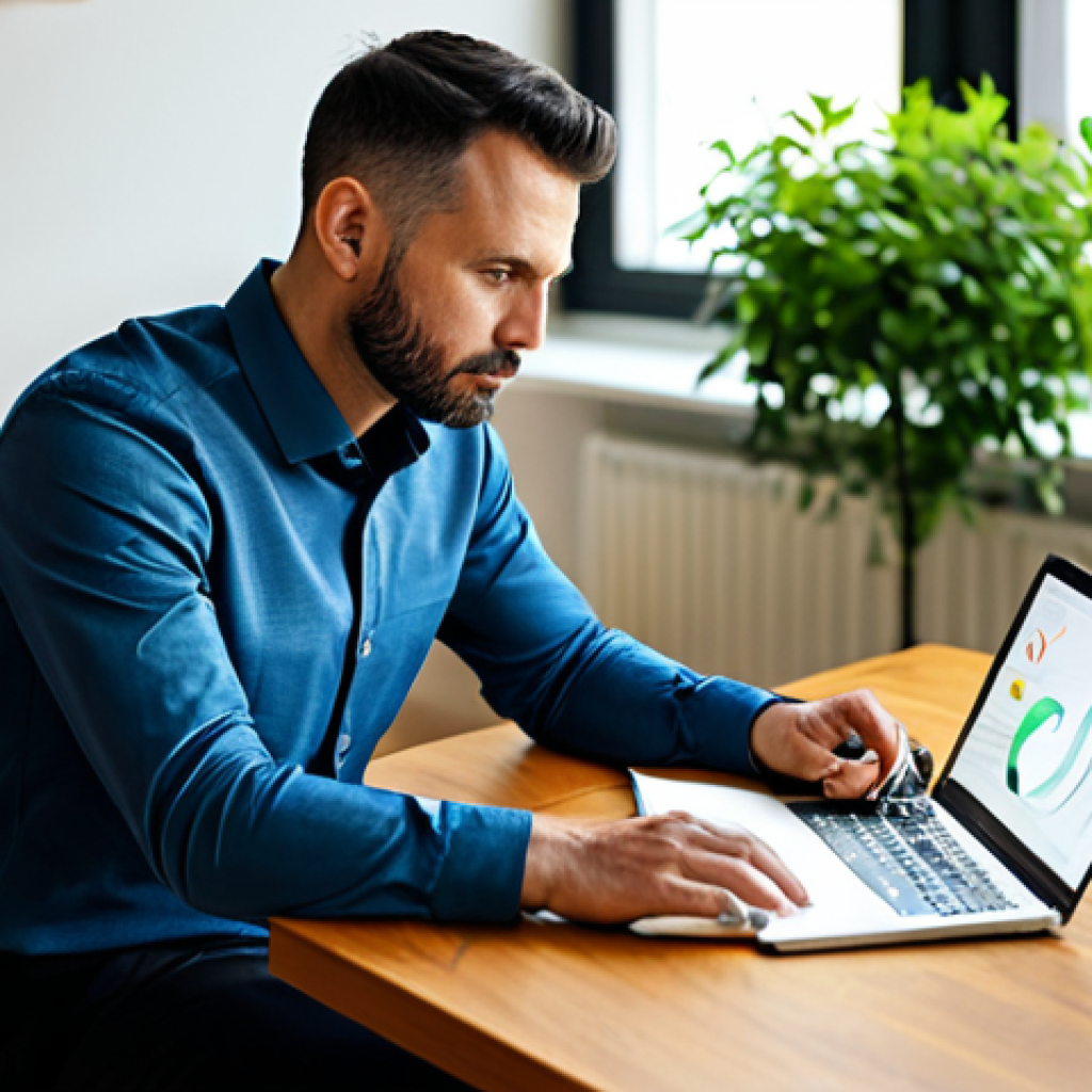 A professional male blogger, mid-30s, dressed in a modest business casual shirt and dark trousers, sitting at a clean, modern wooden desk in a sunlit home office. He is focused on his open laptop, with a notebook and pen beside him, contemplating a detailed mind map. The background is softly blurred, featuring a minimalist bookshelf and green plants. The atmosphere is calm and productive, showcasing strategic planning. Fully clothed, appropriate attire, professional dress, safe for work, appropriate content, perfect anatomy, correct proportions, natural pose, well-formed hands, proper finger count, natural body proportions, high-quality, professional photography.