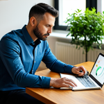 A professional male blogger, mid-30s, dressed in a modest business casual shirt and dark trousers, sitting at a clean, modern wooden desk in a sunlit home office. He is focused on his open laptop, with a notebook and pen beside him, contemplating a detailed mind map. The background is softly blurred, featuring a minimalist bookshelf and green plants. The atmosphere is calm and productive, showcasing strategic planning. Fully clothed, appropriate attire, professional dress, safe for work, appropriate content, perfect anatomy, correct proportions, natural pose, well-formed hands, proper finger count, natural body proportions, high-quality, professional photography.