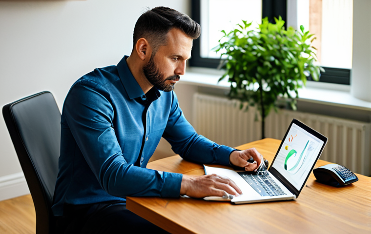 A professional male blogger, mid-30s, dressed in a modest business casual shirt and dark trousers, sitting at a clean, modern wooden desk in a sunlit home office. He is focused on his open laptop, with a notebook and pen beside him, contemplating a detailed mind map. The background is softly blurred, featuring a minimalist bookshelf and green plants. The atmosphere is calm and productive, showcasing strategic planning. Fully clothed, appropriate attire, professional dress, safe for work, appropriate content, perfect anatomy, correct proportions, natural pose, well-formed hands, proper finger count, natural body proportions, high-quality, professional photography.