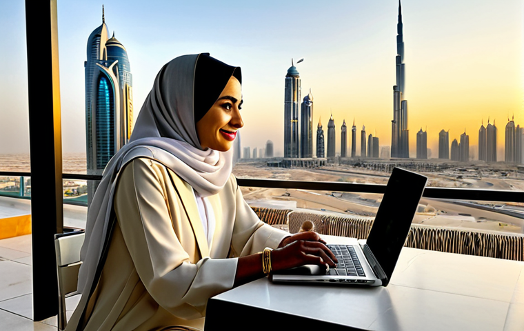 온라인 코칭으로 수익원 다변화하기 - **Image 1 Prompt: Global Reach & Flexible Coaching from an Arab Cityscape**
"A confident, stylis...