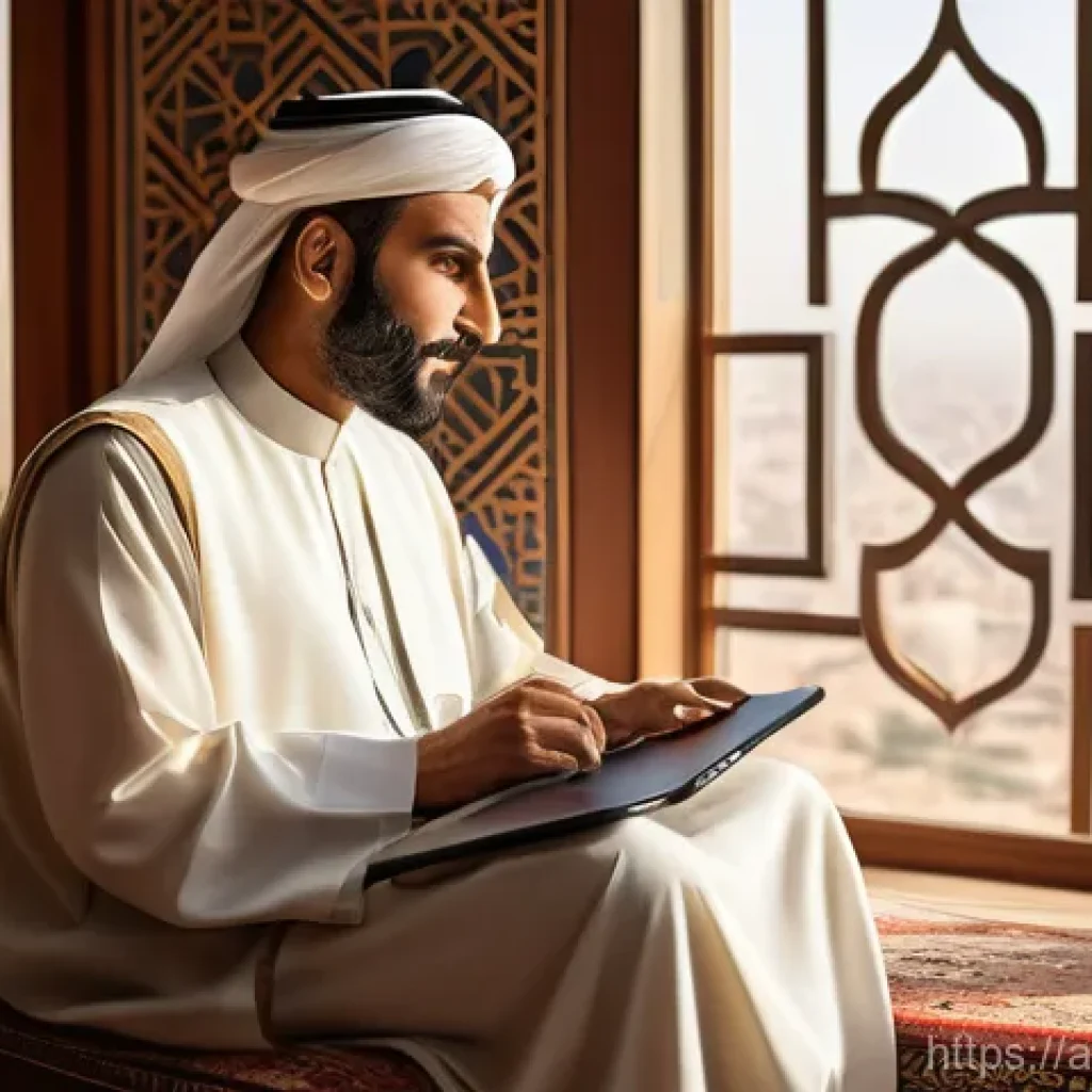 주식 배당금으로 수익원 다각화하기 - **Prompt:** A serene and elegant Arab man, approximately 50-60 years old, wearing a traditional thob...