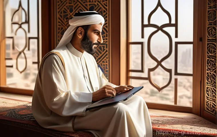 주식 배당금으로 수익원 다각화하기 - **Prompt:** A serene and elegant Arab man, approximately 50-60 years old, wearing a traditional thob...