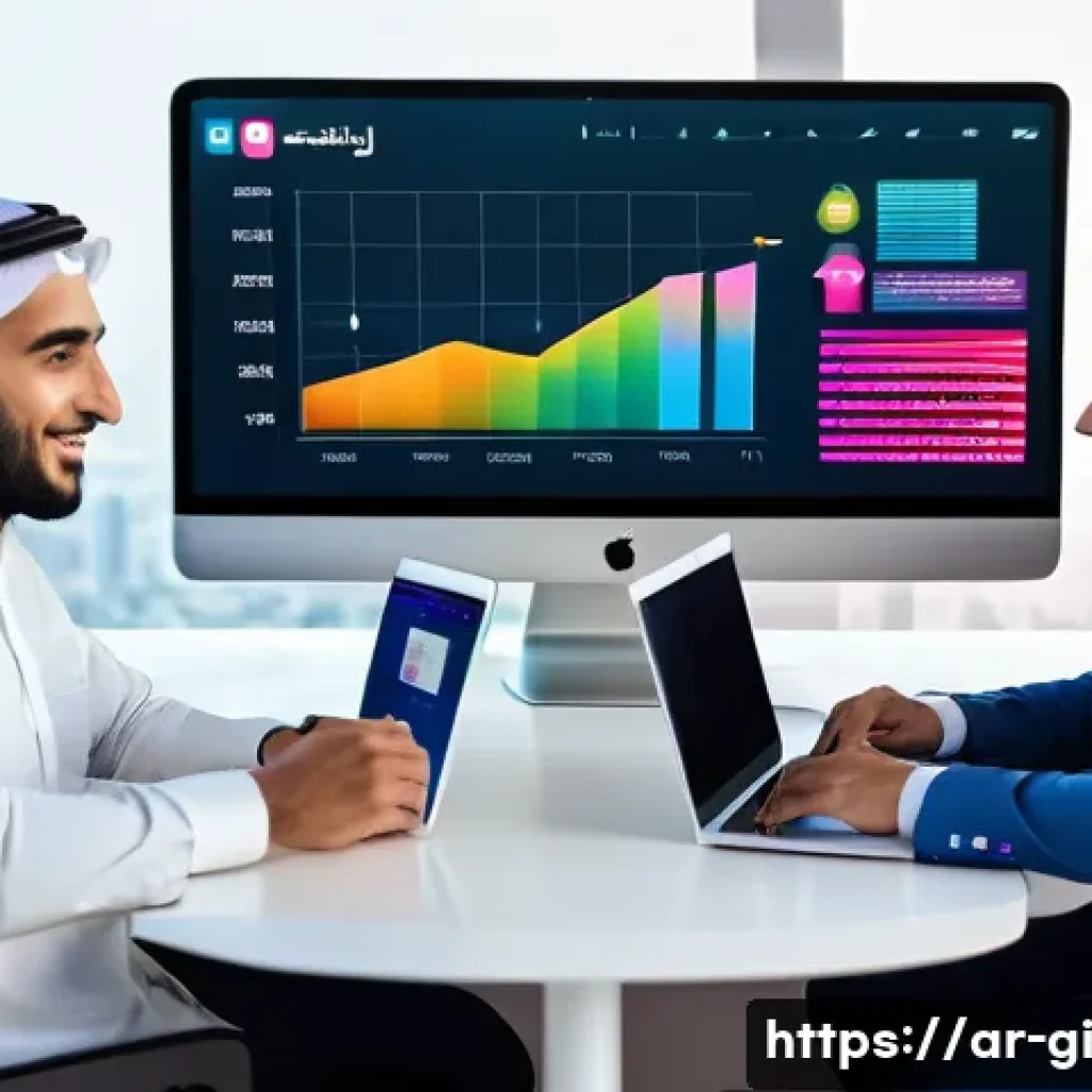 마케팅 트렌드와 수익 창출 기회 - A modern digital marketing workspace in a Middle Eastern office setting, featuring a diverse Arab ma...