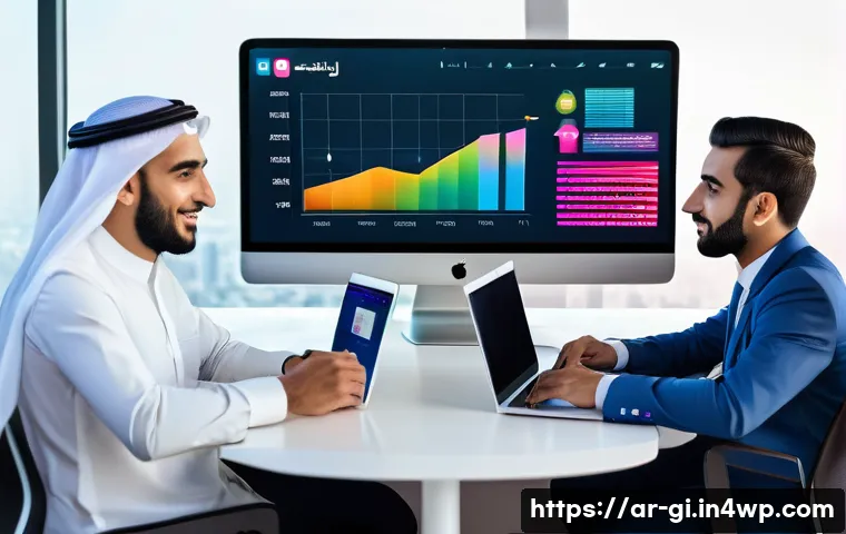 마케팅 트렌드와 수익 창출 기회 - A modern digital marketing workspace in a Middle Eastern office setting, featuring a diverse Arab ma...
