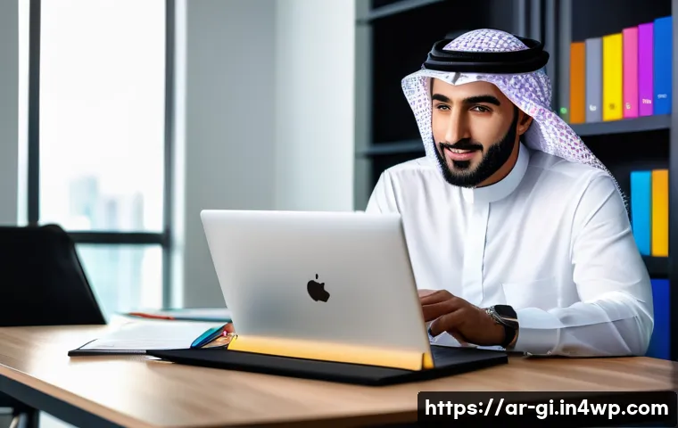 온라인 포트폴리오로 수익원 늘리기 - A professional Arab man in traditional attire working on a sleek laptop in a modern home office, dis...