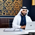 Home 22 서비스형 소프트웨어 SaaS 로 수익 올리기 - A professional Middle Eastern entrepreneur in modern office attire, sitting at a sleek desk with a l...