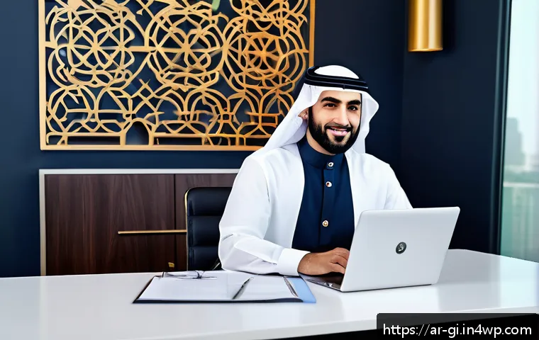 서비스형 소프트웨어 SaaS 로 수익 올리기 - A professional Middle Eastern entrepreneur in modern office attire, sitting at a sleek desk with a l...