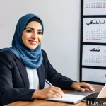 Home 21 전문 지식으로 수익원 다각화하기 - A professional Arab woman in modern business attire, sitting at a sleek desk with a laptop open disp...