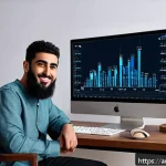 Home 20 유튜브 채널 수익화 전략 - A modern YouTube creator studio scene set in a cozy home environment, featuring an Arab male content...