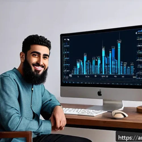 Home 32 유튜브 채널 수익화 전략 - A modern YouTube creator studio scene set in a cozy home environment, featuring an Arab male content...