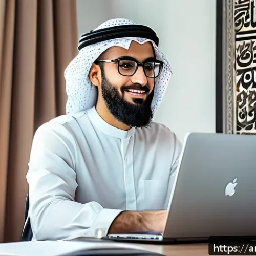 Home 31 직장인 부업으로 수입원 다각화하기 - A modern Arab freelancer working at a stylish home office with a laptop, Arabic calligraphy wall art...
