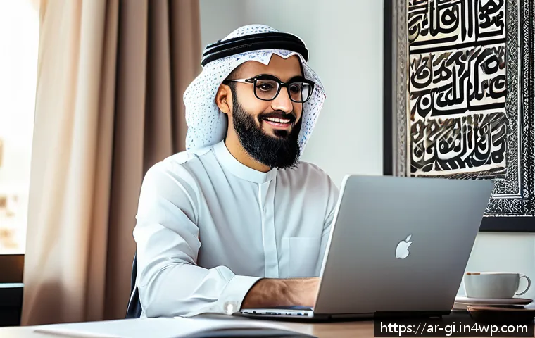 직장인 부업으로 수입원 다각화하기 - A modern Arab freelancer working at a stylish home office with a laptop, Arabic calligraphy wall art...