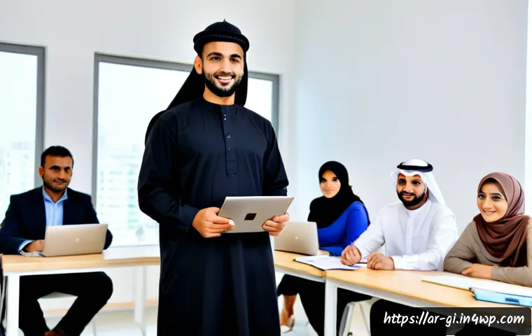 전문가로서의 강의 수익원 다변화 전략 - Photorealistic Arab professional instructor in modest business attire leading a small workshop in a ...